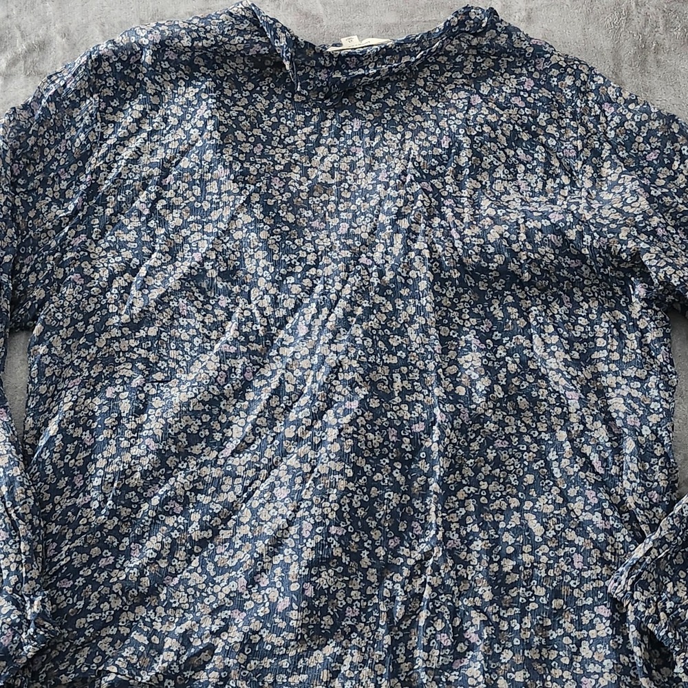Lucky Brand Women XL Sheer‎ Peasant Blouse Ruffle Button Up Blue Floral NEW - Picture 13 of 16